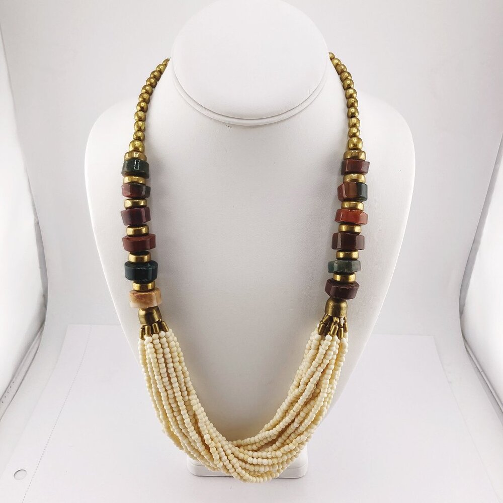 VINTAGE Multi-strand genuine bone and natural stone statement necklace 70s boho